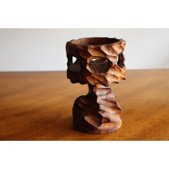 Vtg MCM Brutalist Carved Twisted Chalice Burl Wood Candle Holder Stand Tiki 6" - Picture 4 of 13